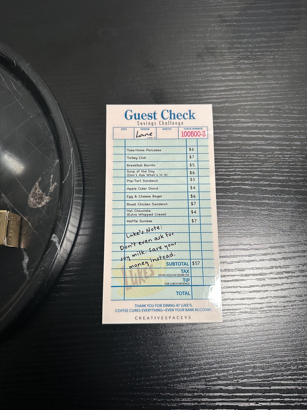 Diner Guest Check | Gilmore Goals Series | Savings Challenge Tracker