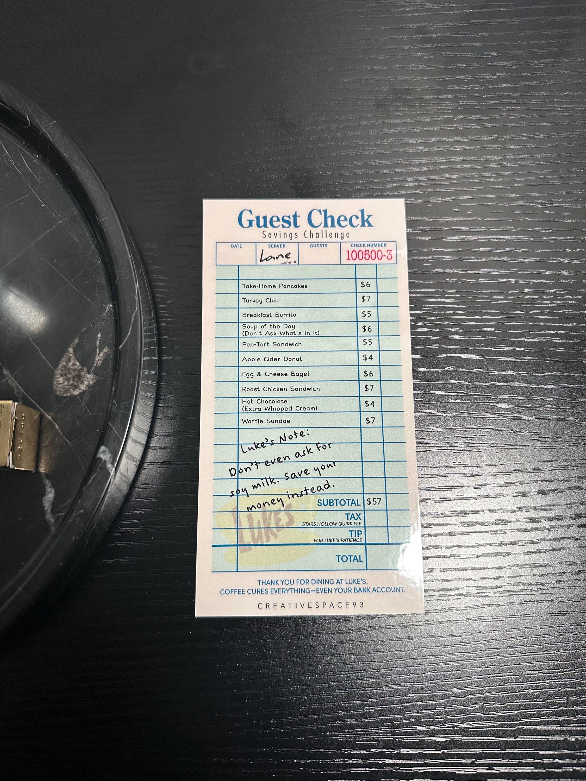 Diner Guest Check | Gilmore Goals Series | Savings Challenge Tracker