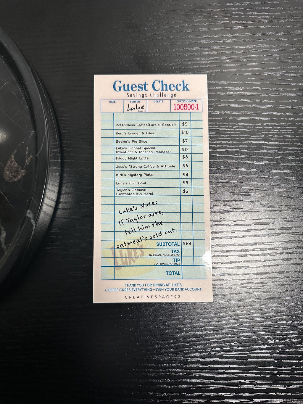 Diner Guest Check | Gilmore Goals Series | Savings Challenge Tracker