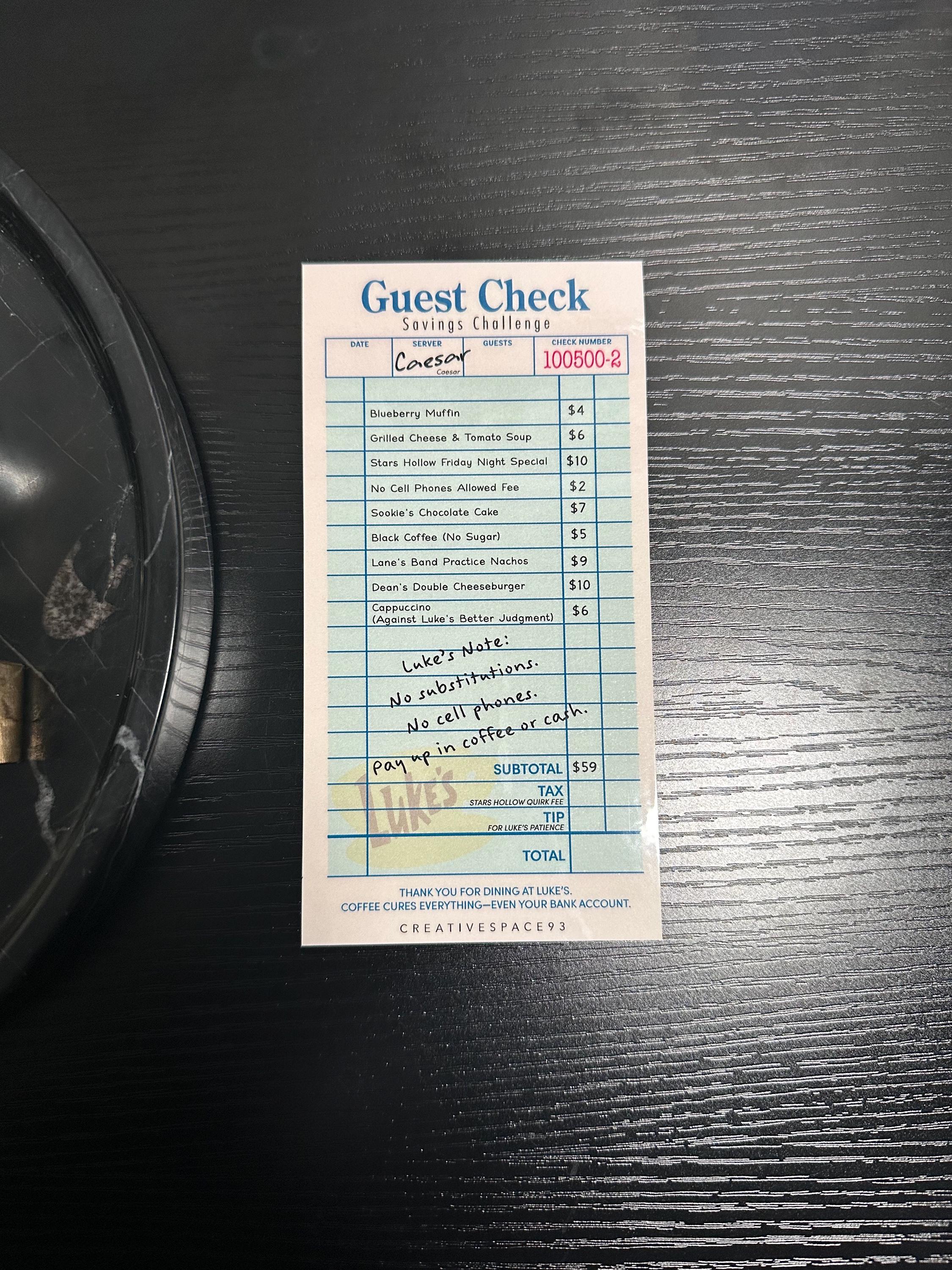 Diner Guest Check | Gilmore Goals Series | Savings Challenge Tracker
